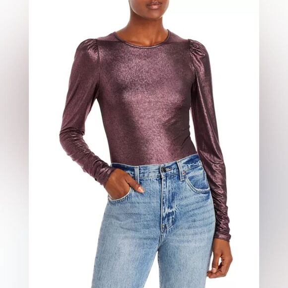 Aqua Tops - AQUA Ruched Long Sleeve Shine Top - Sz M Rose Black